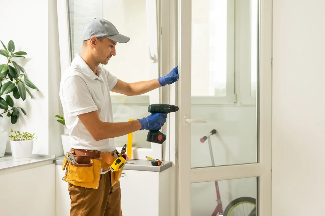 Locksmith preparing a door for a new lock